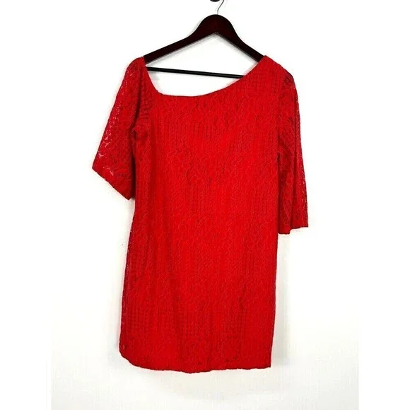 Laundry by Shelli Segal Womens Size M Red Lace Shift Dress Cocktail Evening E4 - Picture 7 of 11